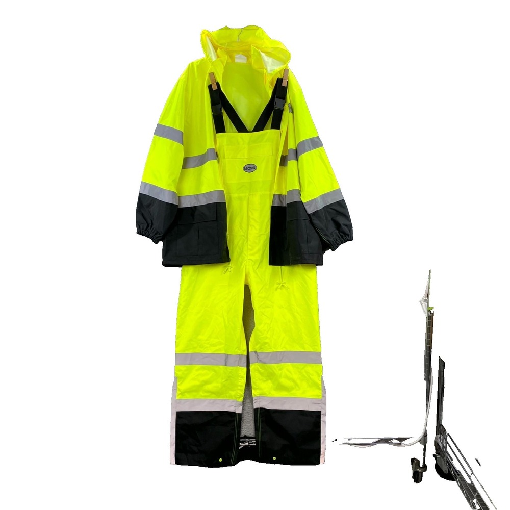 Boss Safety Rain Suit Men's XL Yellow Reflective Jacket Bib Pants Safety Gear